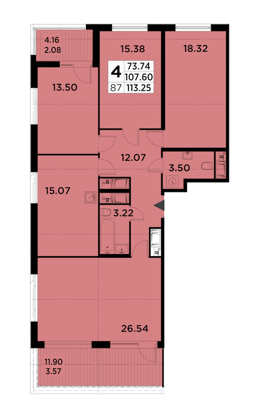 4-комнатная квартира 113.25 м², 14/14 эт., ЖК «GloraX City Zanevsky»